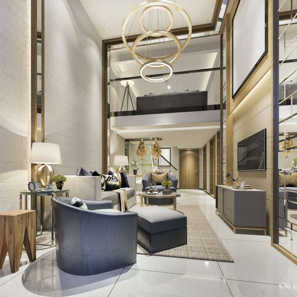 3d rendering modern dining room and living room with luxury decor
