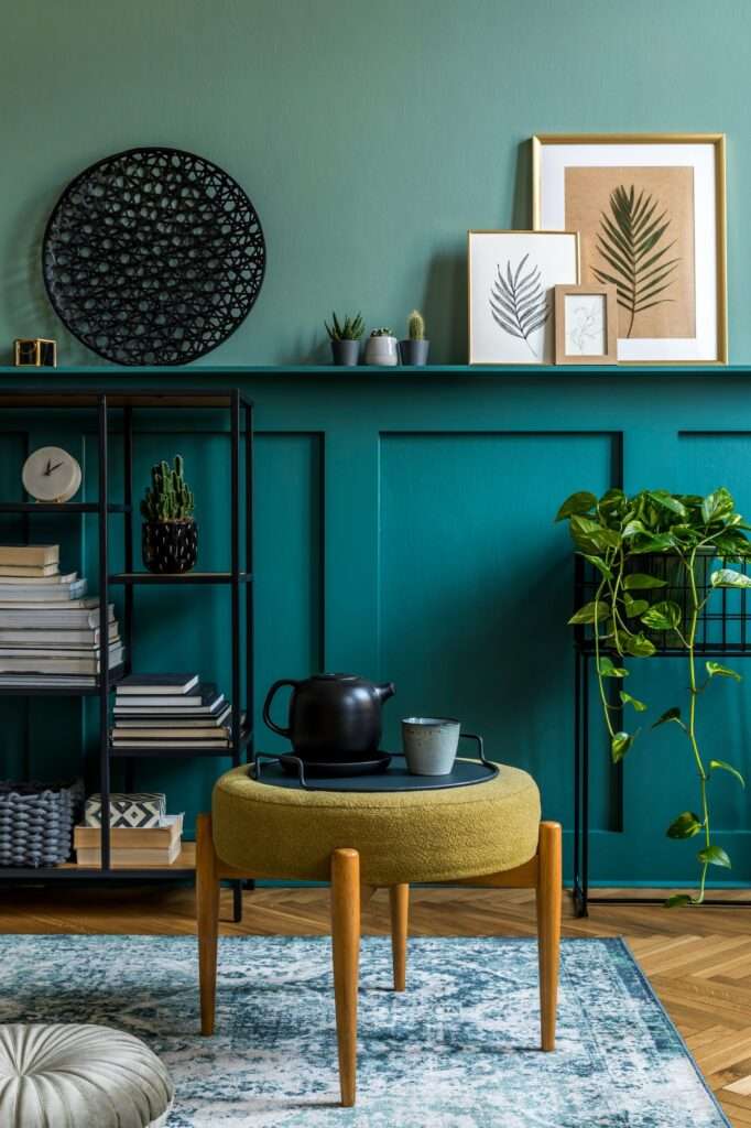 Interior design of living room with design pouf.