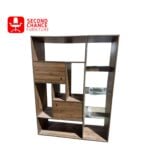 Wooden Bookshelf with Glass Shelves and Storage Compartments