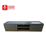 Modern Grey TV Console with Drawers and Shelves