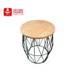 Round Wood Top Side Table with Black Metal Geometric Base