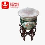 Vintage Porcelain Planter with Wooden Stand